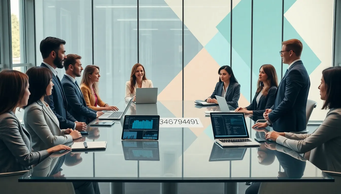 Team discussing numeric identifiers in a modern office.